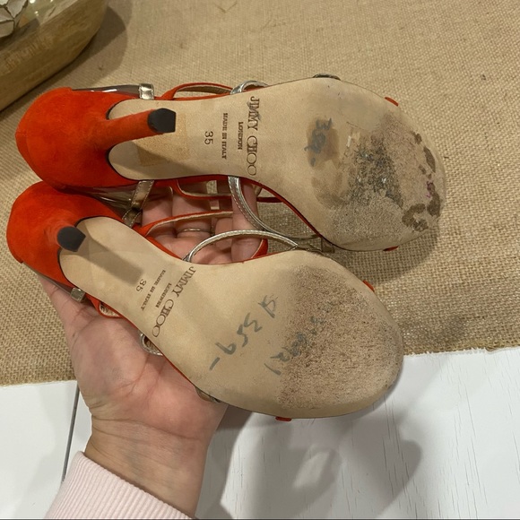 Jimmy Choo MaiTai Sandals Leather Clear Transparent Orange Sz 35 Strappy Heels - Picture 9 of 9